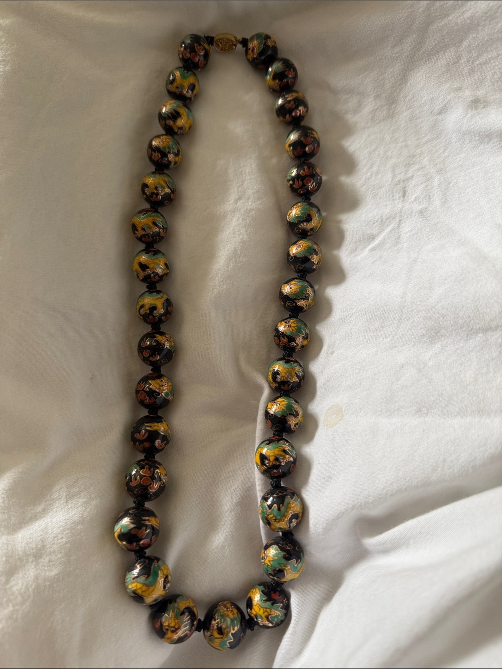 Vintage Chinese Hand-Painted Cloisonné Bead Necklace in Black and Gold